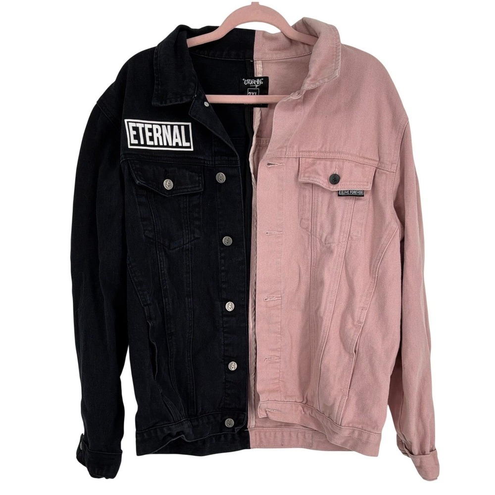 Eternal Clothing Split Black Pink Denim Jacket Graphic Oversized Streetwear 2XL